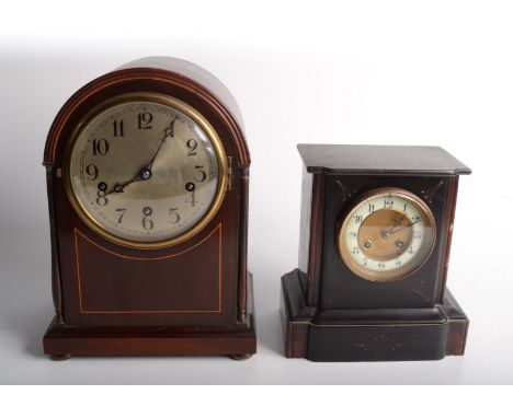 A inlaid mahogany mantle clock, early 20th century, height 33cm, width 24cm and a Victorian black slate mantle clock, height 