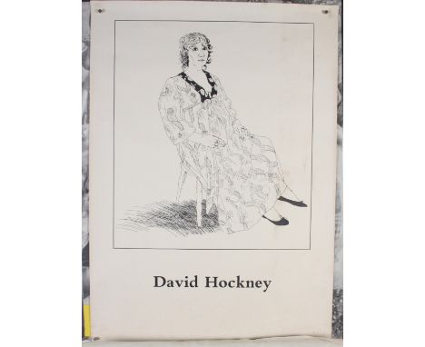 A David Hockney black and white poster, of a lady seated in a chair, 65 x 46.3cm and a Stanley Spencer poster, 'A Retrospecti