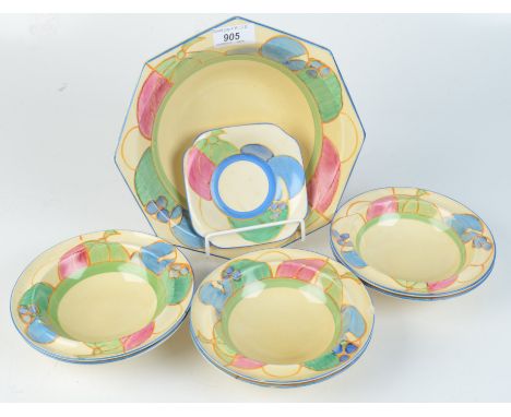 Eight Clarice Cliff Bizarre Fantasque fruit decorated bowls, large bowl 23 x 23cm, six bowls diameter 16cm and small bowl 12 