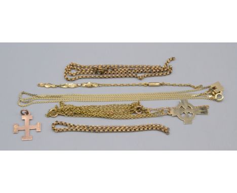 A 14ct gold initial 'M' on 14ct gold snake chain. 4.9g., together with other gold chains and crosses 12.2g.  