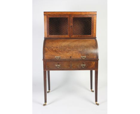 A good mid George III mahogany cylinder bureau cabinet, the upper section with a lattice satinwood veneered and dark wood str