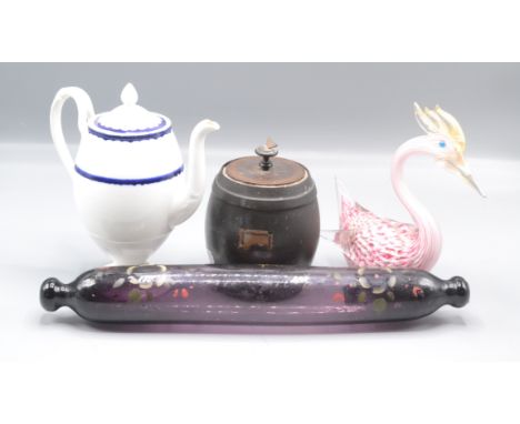 A Murano glass model of a swan, height 18cm, a sailors glass love token, in the form of a rolling pin, length 35cm, a Wedgwoo