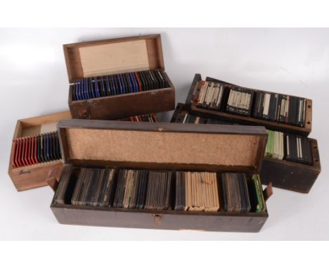 Five boxes of miscellaneous photographic magic lantern slides, including world images. 