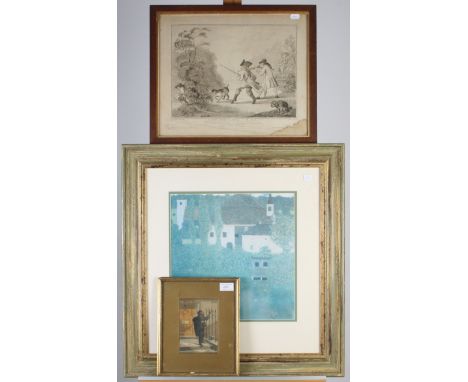 A Baxter print of a young chimney sweep, 27 x 22.3cm, an engraving entitled 'City Foulers - Mark!, 38.5 x 46cm and a framed p