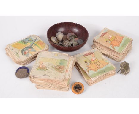Miscellaneous, including a bakelite bowl, two enamel pin badges entitled 'Cheery Coons Club' and 'Cornwall Young Farmers Club