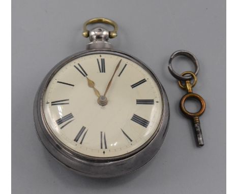 An Edwardian silver heart engraved vesta case with suspension ring, together with a 'gun metal' cased fob-watch with nickel c