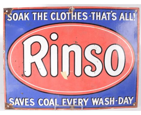 A Rinso enamel advertising sign, inscribed 'Soak the Clothes.That's All! Saves Coal Every Wash-Day', 38 x 51cm.