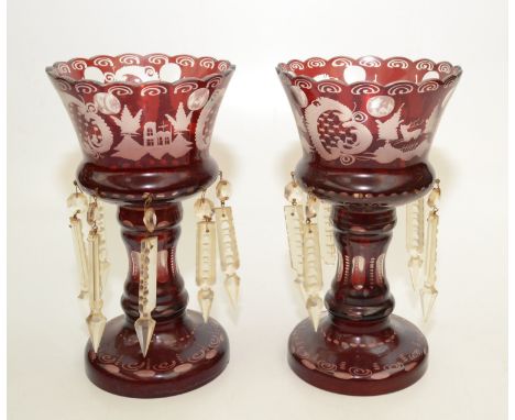 A pair of ruby etched glass lustres, height 26.5cm.