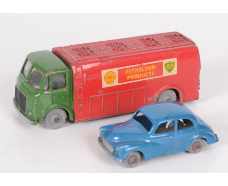 Two die cast models, including a Dublo Dinky oil tanker, length 9cm and a Lesney Morris Minor 1000, length 5cm.     