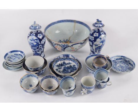 A selection of Chinese blue and white porcelain, 18th and 19th century, including a pair of prunus blossom baluster vases, he