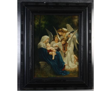 A rectangular plaque, signed Valentino f, decorated with angels playing music to the Madonna and child, in an ebonised frame,