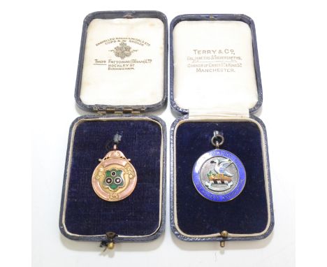 A 9ct gold and enamel bowling medal, 6.4g, together with a silver Sykes Bowling Cup enamelled medal. 