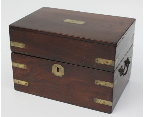 A mahogany brass bound campaign box, 19th century, the cover with a brass rectangular plaque initialled JR, the interior with