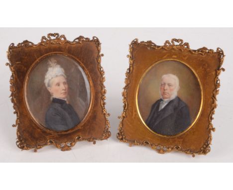 Two fine portrait miniatures of a mature man and woman one inscribed Ada F Hinnes 1903, each in a good gilt brass easel frame