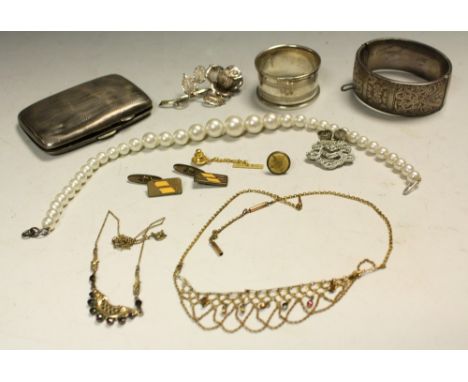 Silver and Costume Jewellery - a silver cigarette case; a silver bangle; brooch; necklace; etc 
