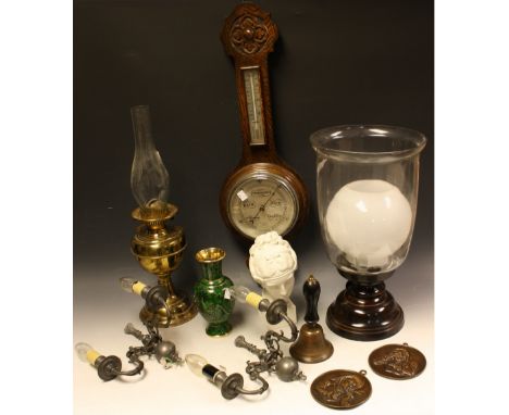 An oak banjo wall barometer; a brass oil lamp; a pair of pewter wall lights; a cloisonne vase; a reconstituted stone Head Of 