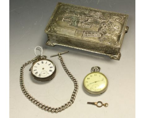 A silver open face pocket watch, white enamel dial, subsidiary seconds dial, Roman numerals, with graduated silver Albert cha