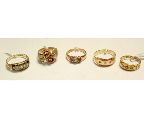 A 15ct gold diamond and ruby ring, 2.3g; others, seed pearl and black enamel, 3g; etc (5)