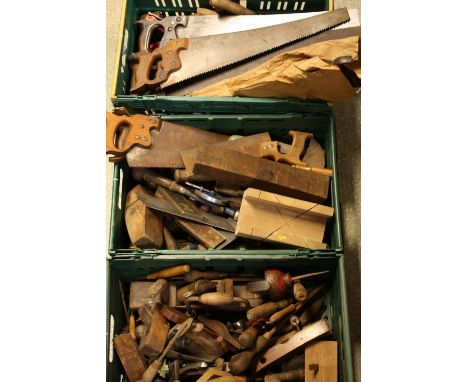 Tools - vintage wooden planes, saws, hand drills, squares, spirit levels, etc (3 boxes)
