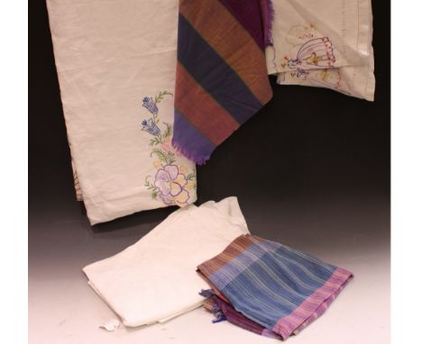 Textiles - a needlepoint seat cover, floral design with bird; another similar; a linen tablecloth, white embroidered on white