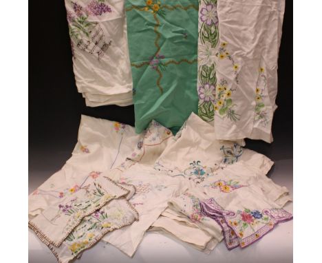 Textiles - hand embroidered linen tablecloths, including English country garden flowers, etc