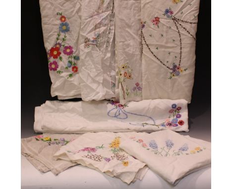 Textiles - hand embroidered linen tablecloths including, English country garden flowers, etc