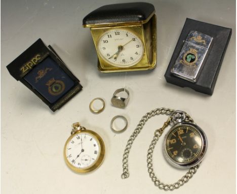 A non-reflective Ingersoll pocket watch; a Smiths pocket watch; two Zippo lighters; three dress rings; etc