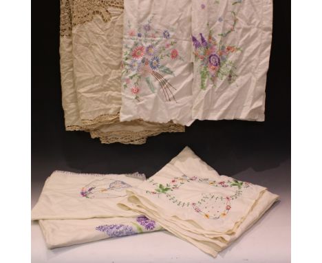 Textiles - hand embroidered linen tablecloths, including English country garden flowers, etc