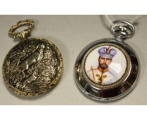 Watches - a commemorative hunter chrome cased pocket watch, the front inset with a panel of Tsar Nicholas, the dial with imag