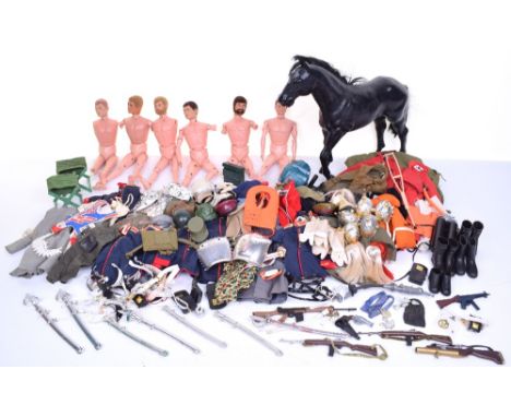 Quantity of Palitoy Action Man items, including: six dolls, Horse, hats, uniforms, boots, weapons, Ceremonial items, from Lan