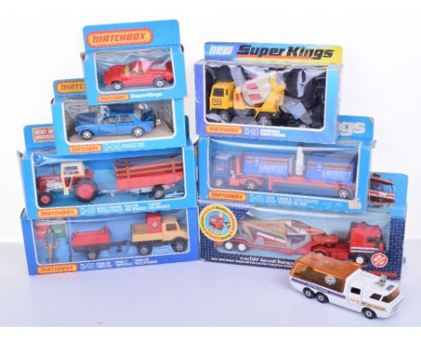 Eight Matchbox Superkings, K-26 Cement Truck in K-28 Bedford Skip Truck, K-30 Unimog & Compressor ‘MJ’ , K-33 cargo Hauler  ‘