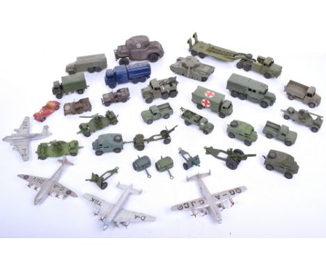 Selection of unboxed Dinky Toys Military Models, 3 x 697 Quad, limber and 25pdr sets, Mighty Antar Tank Transporter and Centu