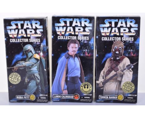 1996 Kenner Star Wars Collectors Series 12 inch Dolls, consisting of Boba Fett, Tusken Raider with Gadderfii stick and Lando 