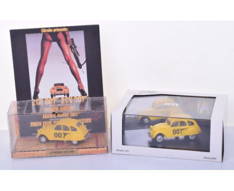 Two Norev James Bond Citroen 2CV 007, 1:43 scale 1st issue in Perspex display box with film poster  ‘For Your eyes Only’ head