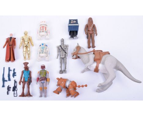 Vintage Star Wars Action Figures consisting of 1st type C-3PO, 1st type R2D2, R5D4, white hair Obi-Wan Kenobi with cloak and 