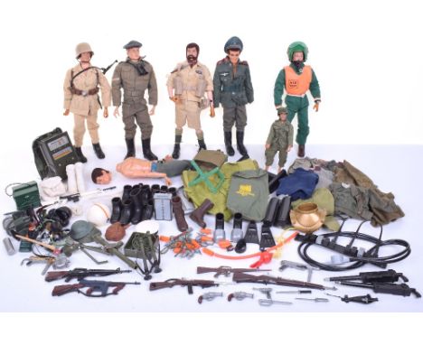 Quantity of Palitoy Action Man Action Joe items, five dolls, one eagle eye head loose, quantity of cloths, boots, headdress, 