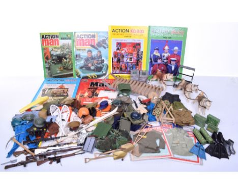 Quantity of Palitoy Action Man items,including: Sledge & Dog Team (not complete) Trans-polar supply boxes, hats, uniforms, bo