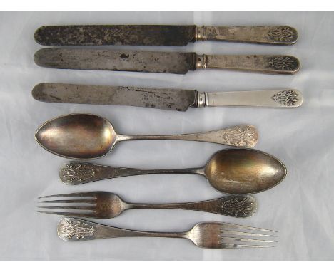 Russian silver. Two place settings of silver spoon, fork and silver handled knife and a further knife, totalling 7 pieces, al