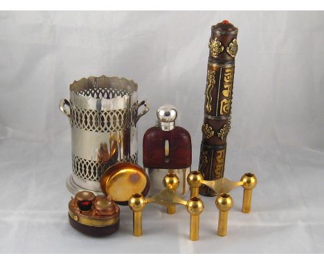 A mixed lot. A silver plated hip flask by James Dixon & sons and a silver plated syphon stand, together with a pair of gilt m