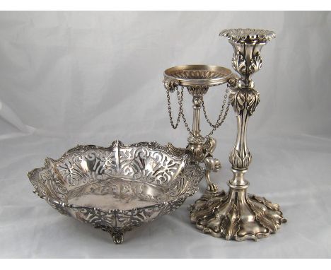 Fine silver plate. An early Elkington plate candlestick, ht.26cm. ,a centrepiece stand  with rams heads and chains on three m
