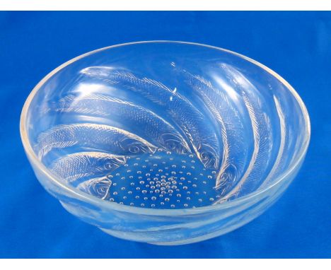 A Rene Lalique "Poissons" opalescent glass bowl with fish spiralling down to bubbles at the centre, cast raised mark R Laliqu