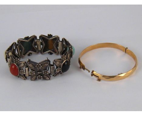 A mixed lot comprising a white metal (tests silver) bracelet set with semi precious stones, approx 3 cm wide, 73 gms, and a 9