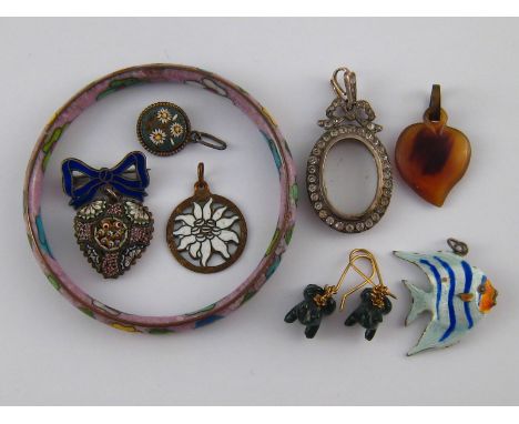 A mixed lot including enamelled pendants, micromosaic items and a bangle.