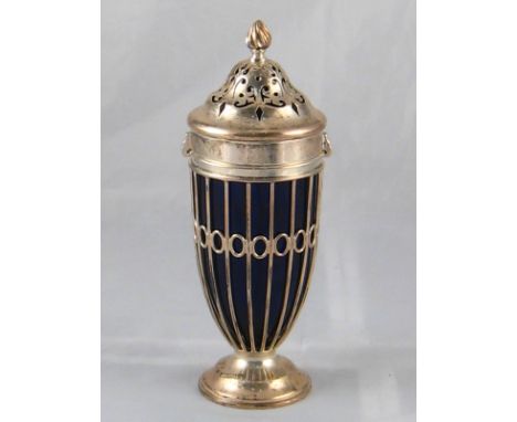 An urn shaped silver sugar caster with open sides, blue glass liner and bayonet fitting cap by Haseler Brothers, London 1903.