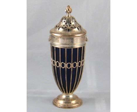 An urn shaped silver sugar caster with open sides, blue glass liner and bayonet fitting cap by Haseler Brothers, London 1903.