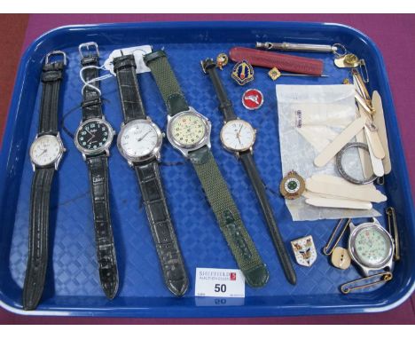 Gent's Wristwatches, including Ricardo, Ascot, Reflex, enamel and other badges, colar stiffners, etc :- One Tray