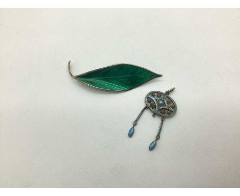 David Andersen; A Norwegian Green Enamel Leaf Brooch, stamped "Norway sterling 925", together with a Marrius Hammer blue enam