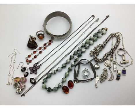 A Hinged Bangle, polished bead necklace, pendants, bracelets etc :- One Tray