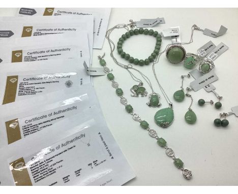 The Genuine Gemstone Company Ltd; A Collection of Modern "925" Jade Set Jewellery, including pendants on chains, dress rings,