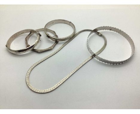 Hallmarked Silver and Other Hinged Bangles, an upper arm bangle (indistinctly stamped), a smooth link chain stamped "925".